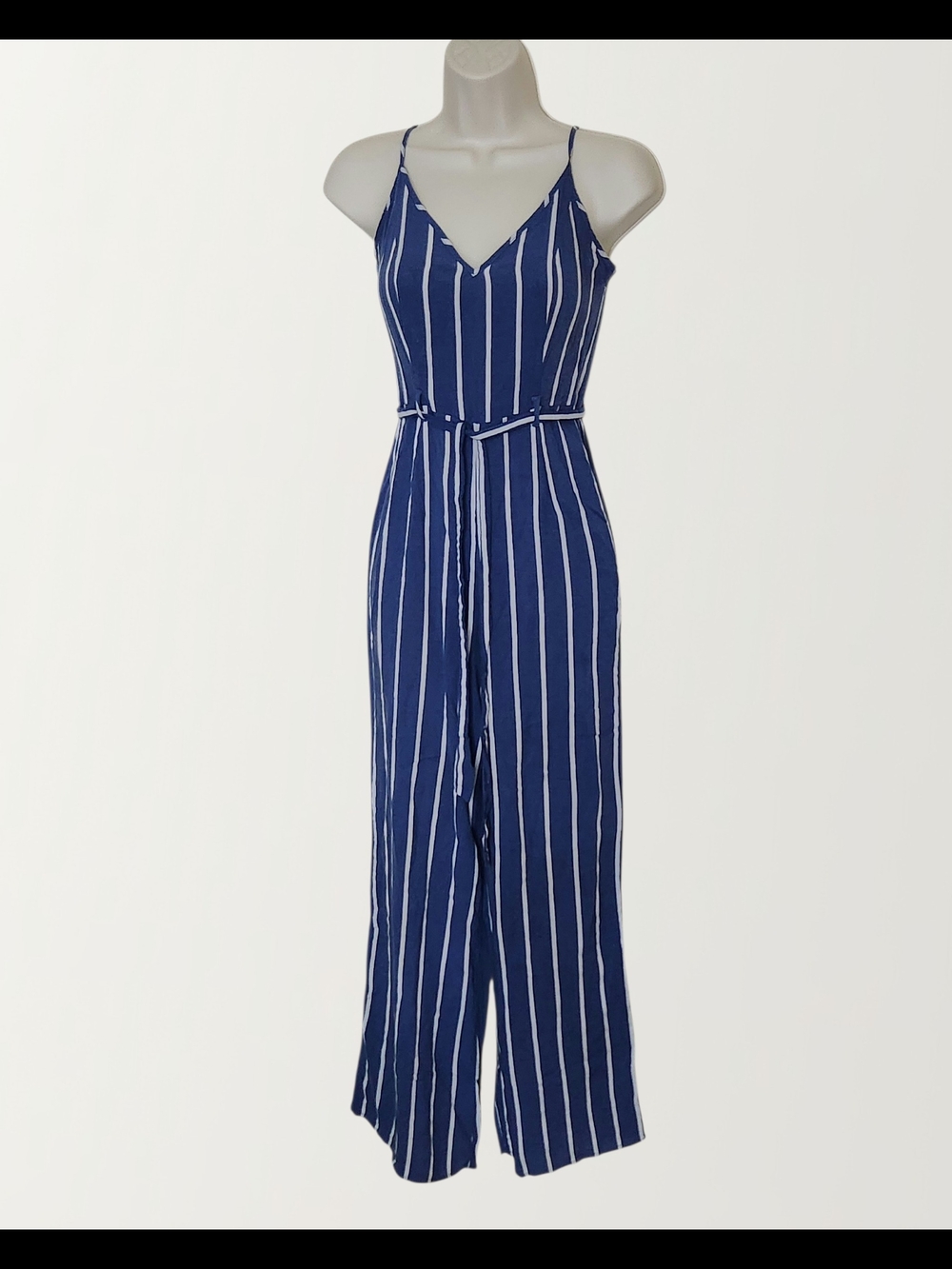Womens Striped Navy Wide-Leg Jumpsuit with Belt Size XS - Picture 2 of 4